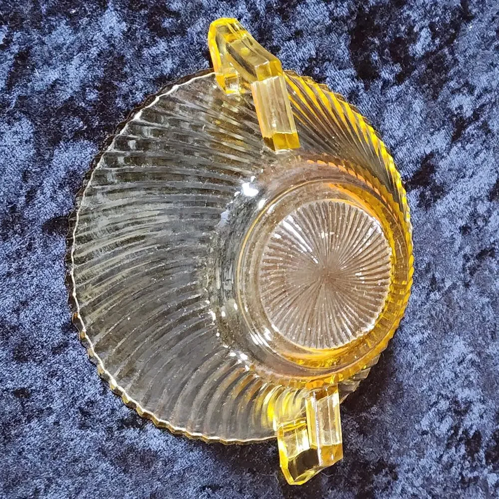 Vintage Amber Depression Glass Bowl -Art Deco Ribbed Serving Dish- Double Handle